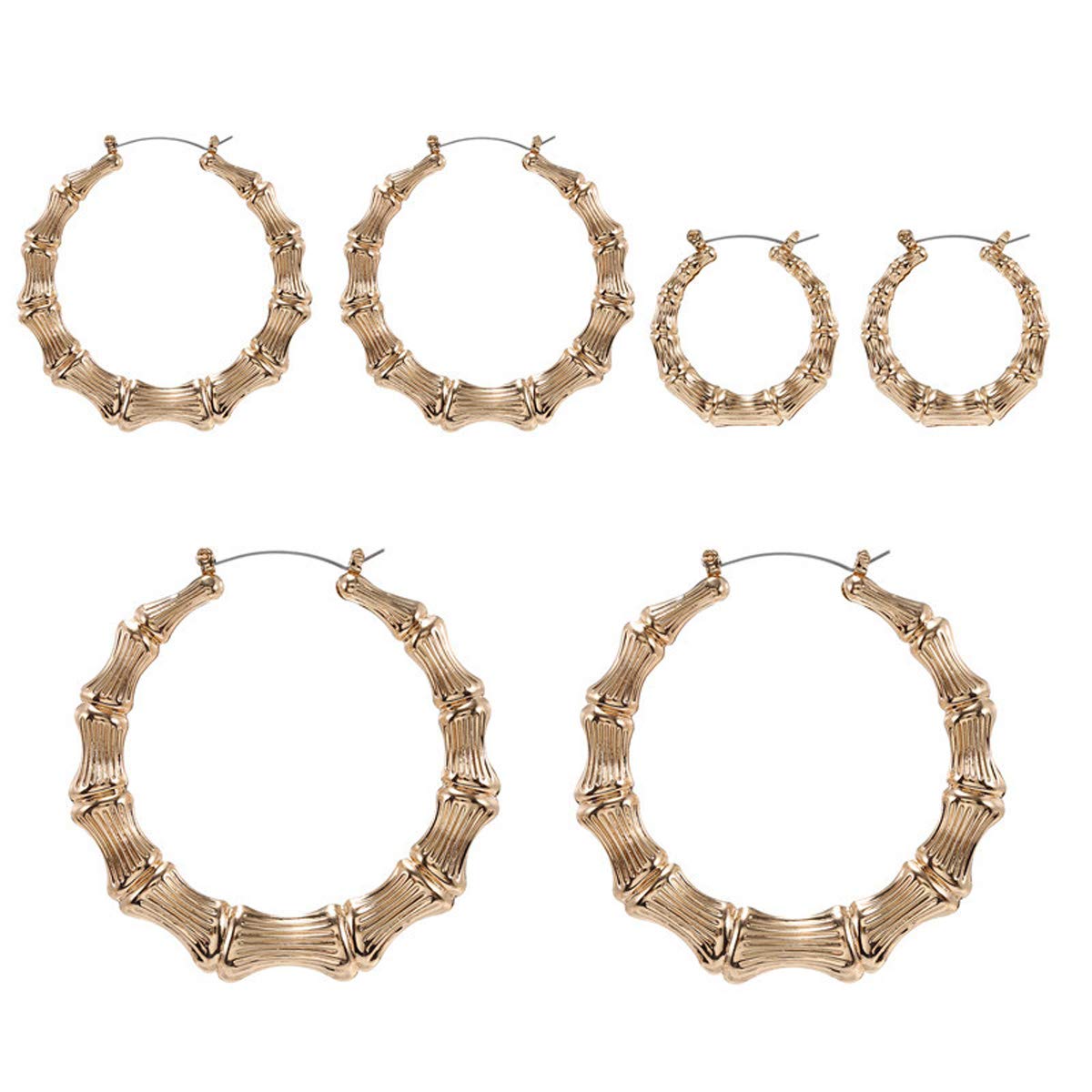 COLORFUL BLING3 Pairs Large Bamboo Style Hoop Earrings for Women Round Circle Statement Hip-Hop Earrings