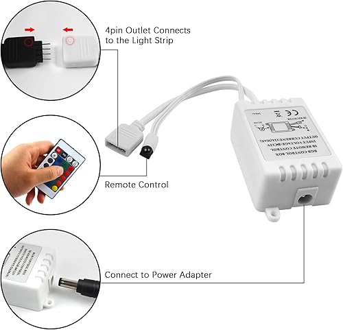 Vista 31 de RGBZONE Controlador LED RGB de 4 pines, controlador LED de bajo voltaje de 2 puertos, control remoto inalámbrico IR de 44 teclas, luces de tira LED