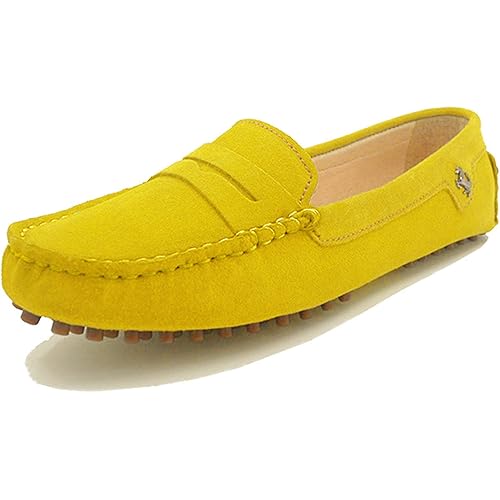 Minishion Women's Penny Loafers Yellow Suede Comfortable Driving Shoes YB9603 US 7