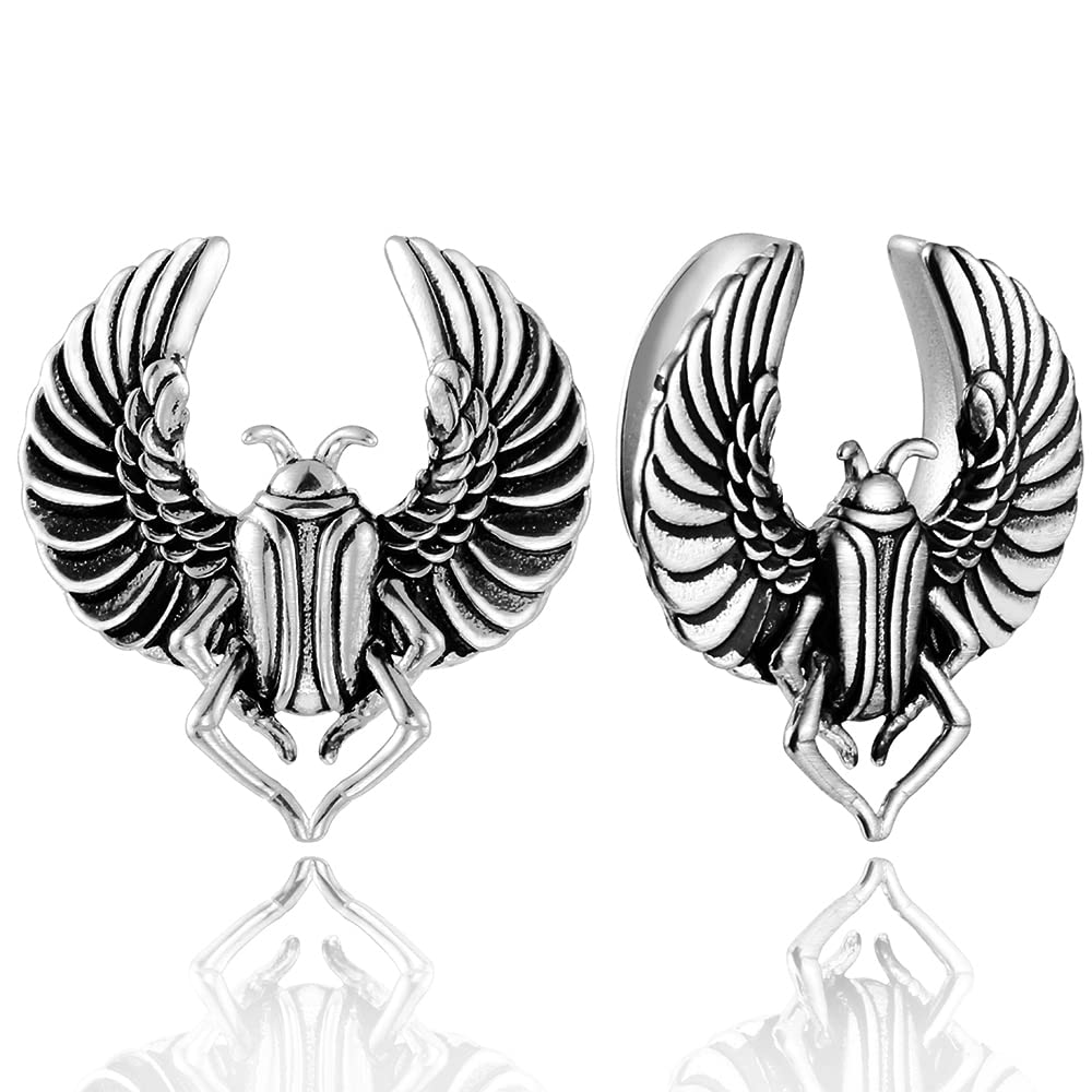 LADEMAYH 2Pcs Cool Saddle Shaped Plugs Tunnels Gauges for Ears, Mystical Scarab Design, Hypoallergenic, Surgical Stainless Steel 316L Body Piercing Gauge Earrings for Women & Mens