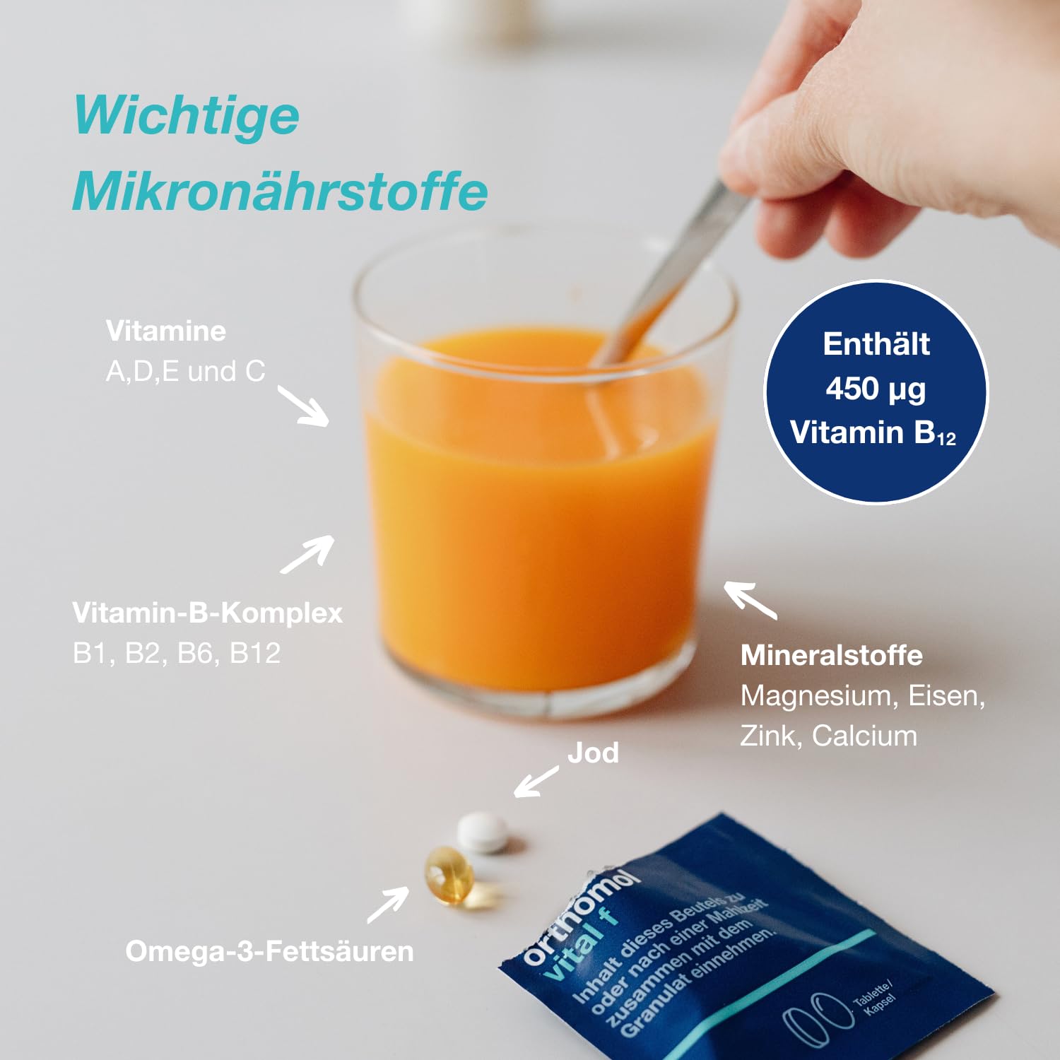 Orthomol Vital f für Frauen - bei Müdigkeit - mit B-Vitaminen, Omega-3-Fettsäuren, Magnesium - Granulat/Tabletten/Kapseln à 30 x Tagesportionen - Grapefruit-Geschmack