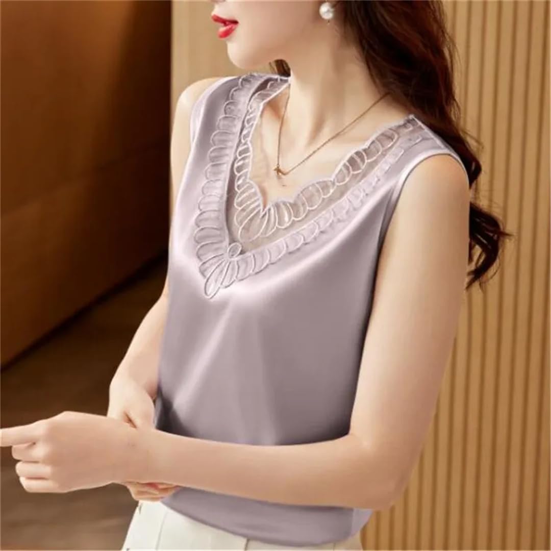 Camicetta da donna con scollo a V allentata casual estiva senza maniche in seta con