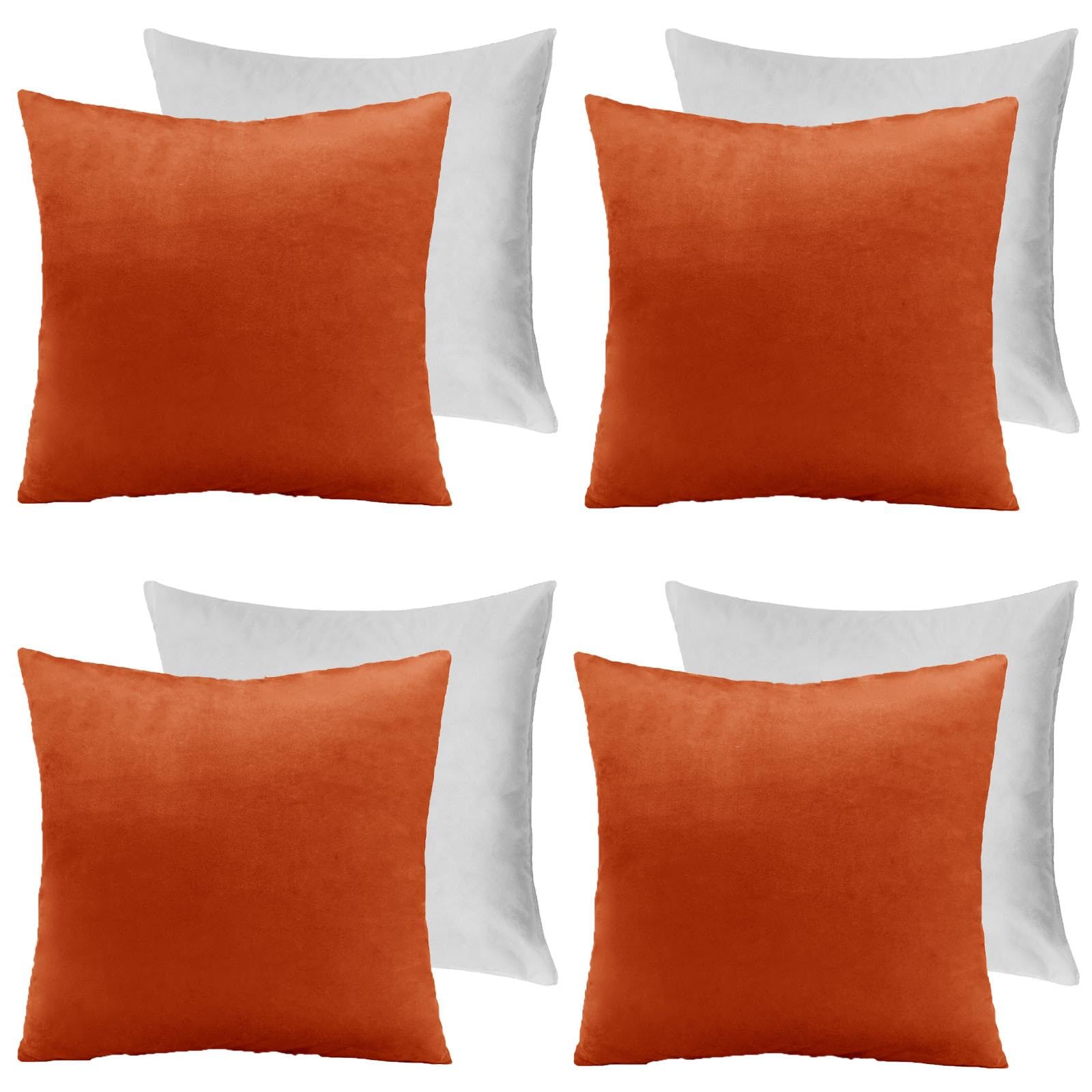 Sienna Rust Matt Velvet Cushions With Covers - Set Of 4 Burnt Orange Filled Pads For Sofa, Living Room - Soft Comfy Throw Pillows