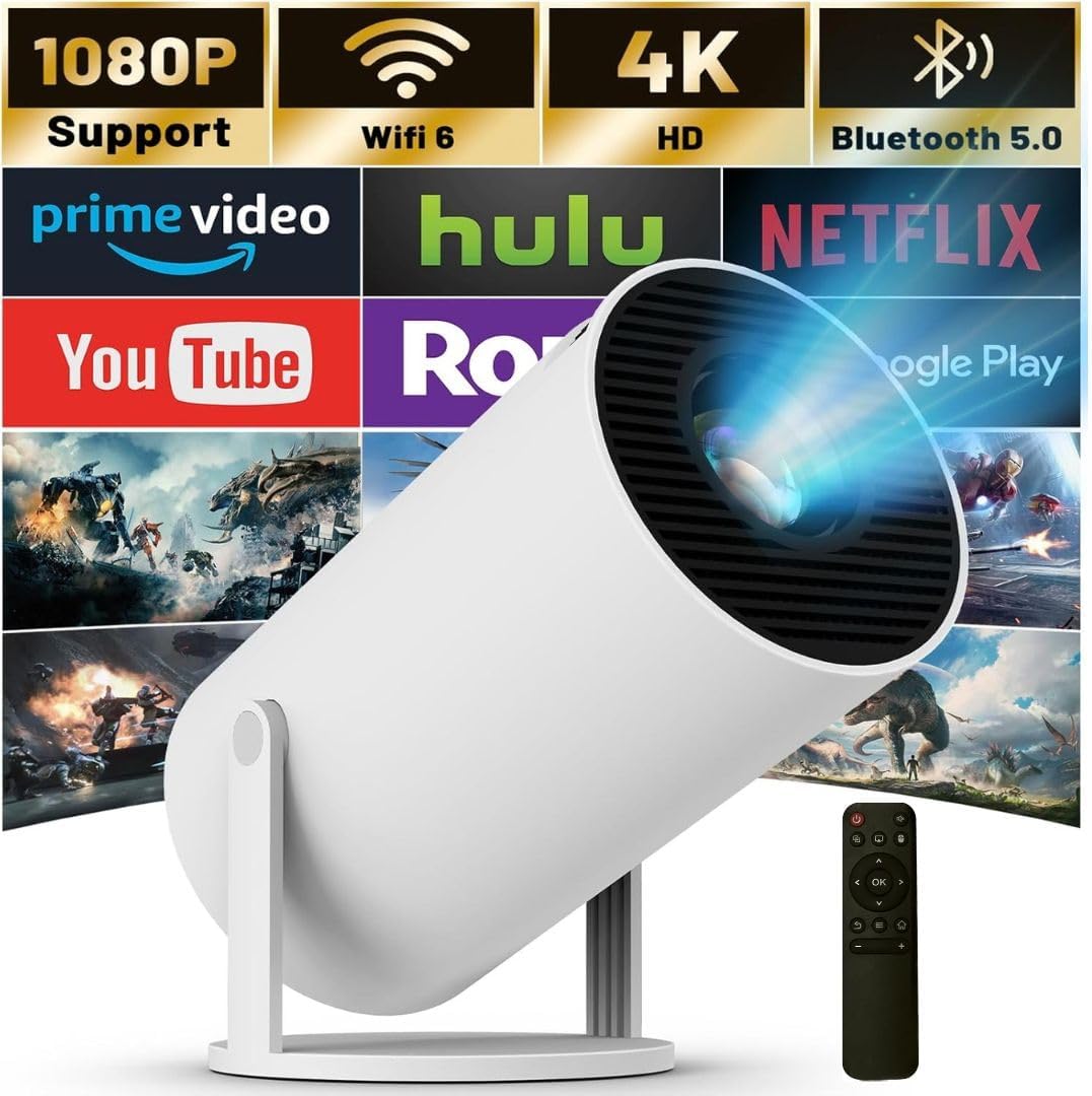 GTSOL Mini Projector 4k with WiFi 6 and Bluetooth,Android System 11.0,Remote control Built-In Speakers FULL HD 1080P, Vertical Correction, 180°Rotatable Outdoor Movie,Portable Projector for Phone