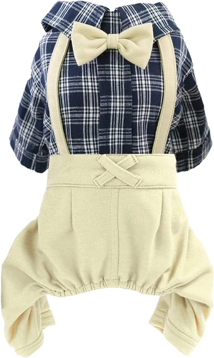 Pet Clothes Dog Shirts Classic Plaid Striped Overall Jumpsuit, Gentle Puppy Wedding Birthday Western Onesies Apparel, Fashion Daily Outfit with Bowtie for Dogs and Cats (Large, Khaki)