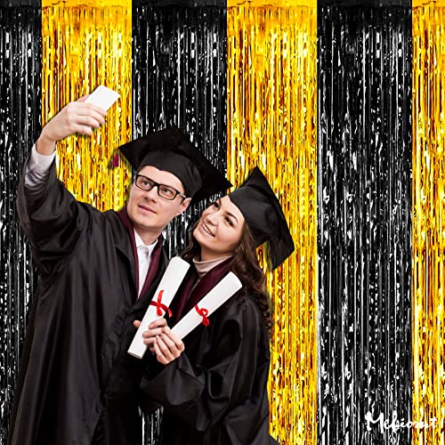 Image of 4 Pack 3.2Ft x 6.6Ft Black and Gold Fringe Curtain Backdrop, Metallic Tinsel Foil Fringe Streamers Curtains Background for Photo Booth Birthday Wedding Graduation Carnival Party Decorations