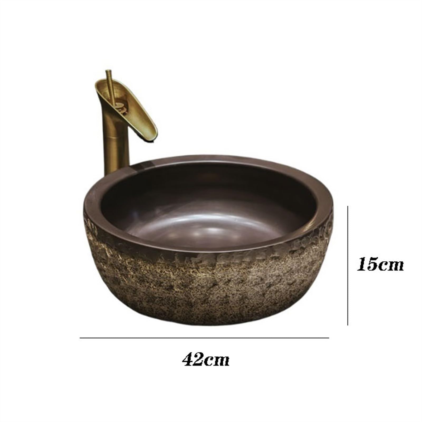 Antikes, rundes Keramik-Handwaschbecken mit Steinmuster – Tiefes Waschbecken mit Zubehör für Gäste-WC und Balkon Design.