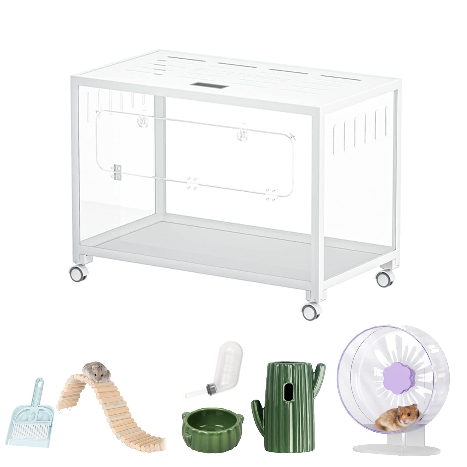 xixi-home Jaula grande para hámster sirio, jaula de acrílico transparente para animales pequeños con ruedas, accesorios para botella de agua, para ratones jerbos, ratas, (blanco + ruedas)