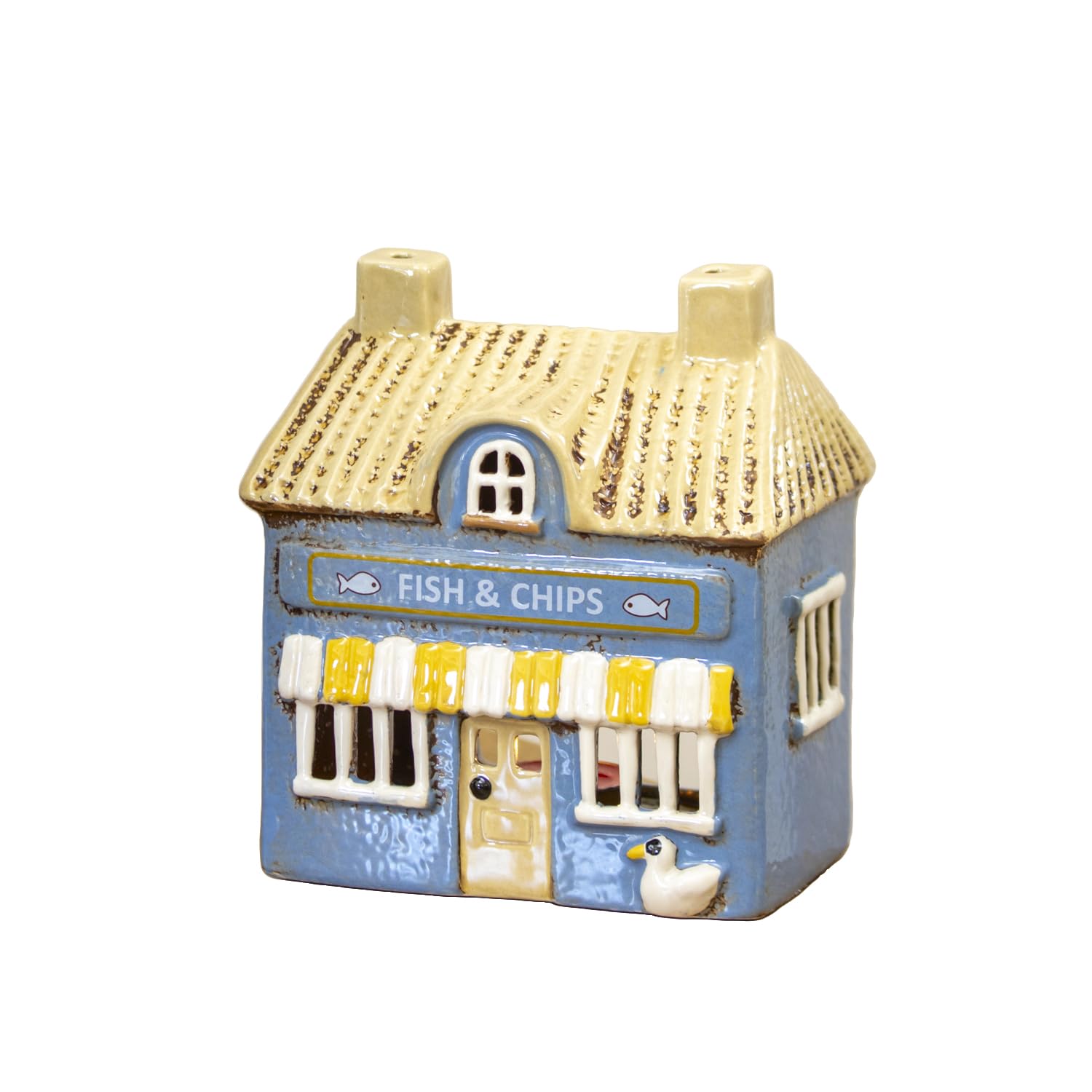 Village Fish & Chip Shop Tealight House, Glazed Ceramic, Blue, Hand Painted, W15cm x H16cm x D10cm, Candle Holder Ornament