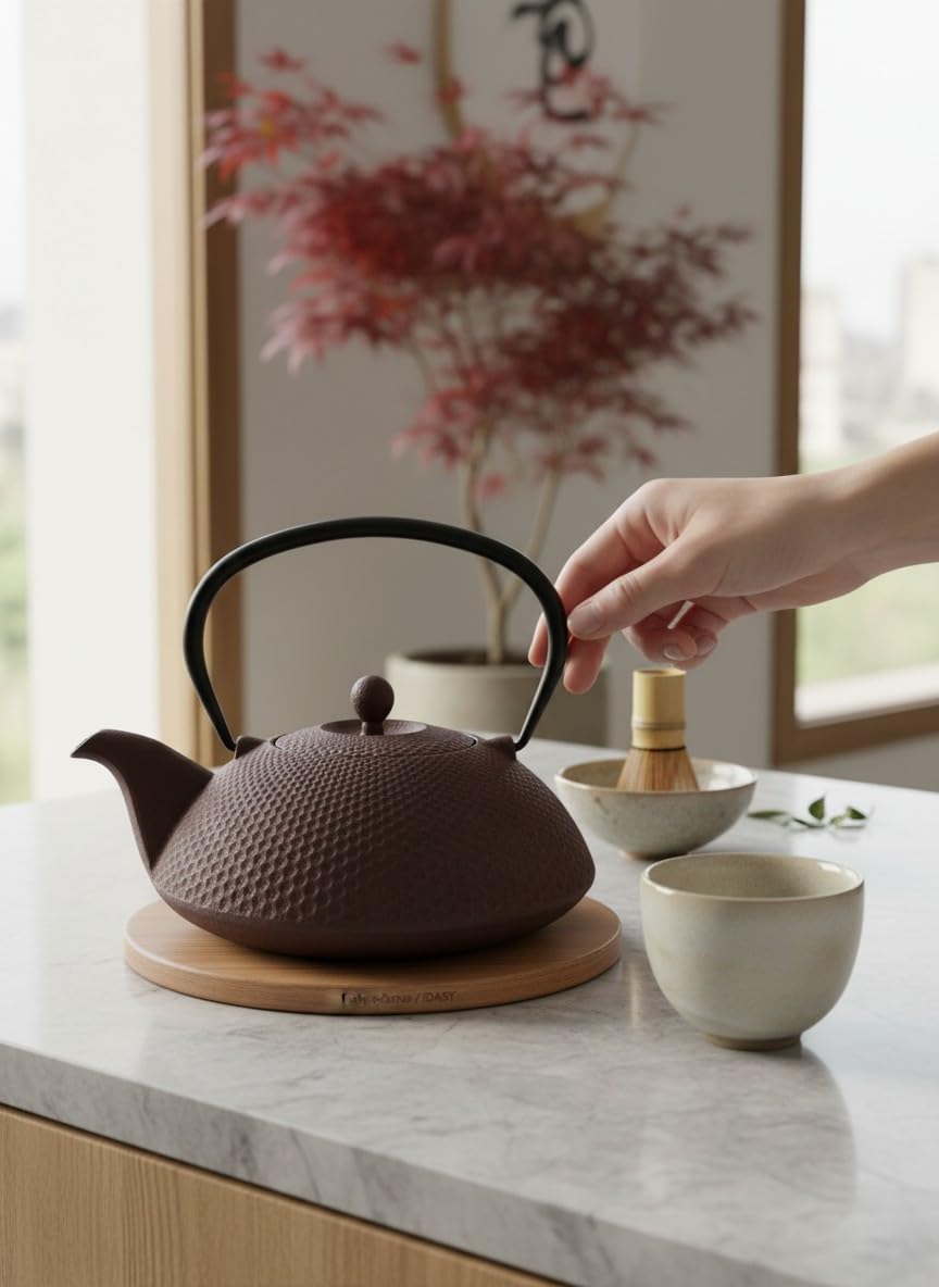 SO SKIN IDASY Théière en fonte japonaise marron 800 ml avec filtre inox, intérieur émaillé, garde la chaleur, design zen élégant, idée cadeau