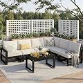 Polyhouz Patio Furniture Set, 7-Piece Outdoor Furniture with Cushions, L Shaped Outdoor Couch Sets 6 Seats, HDPE Patio Sectional Sofas for Porch, Backyard, Deck, Black