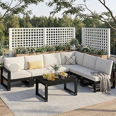 Polyhouz Patio Furniture Set, 7-Piece Outdoor Furniture with Cushions, L Shaped Outdoor Couch Sets 6 Seats, HDPE Patio Sectional Sofas for Porch, Backyard, Deck, Black