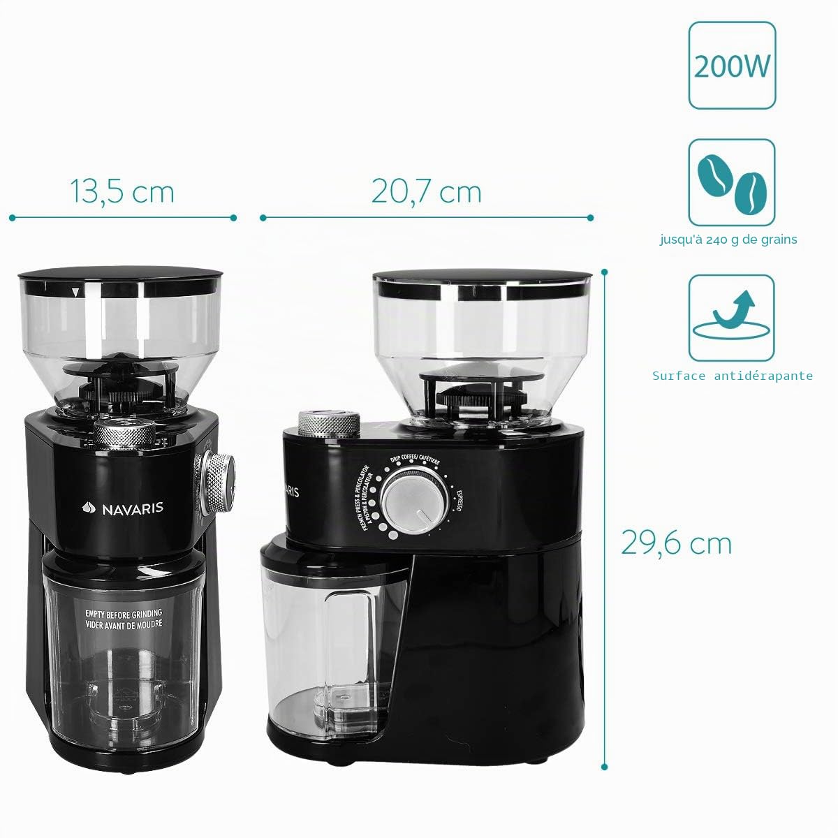 Navaris Moulin à café électrique - Broyeur de café avec meule plate pour 2 à 14 tasses - Grinder avec différentes épaisseurs de mouture