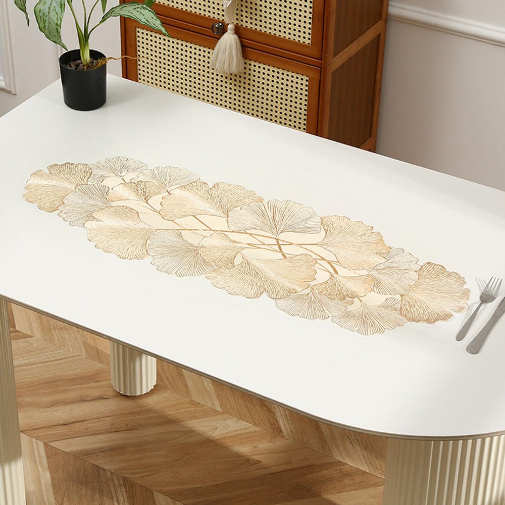 Hosoncovy PVC Hollow Small Table Runner Non-slip Ginkgo Leaf Decorative Table Mats Placemat for Home Party Kitchen Dining Wedding Decor (Light Gold)