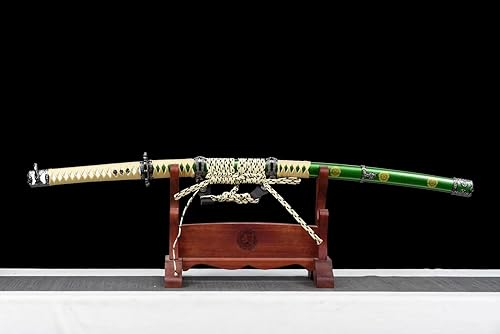 Miniatura 2 de HERO SWORD Espada japonesa Oda Nobunaga Tachi de acero de Damasco con patrón de piedra de hoja samurái, espada completa de oro verde muy afilado,