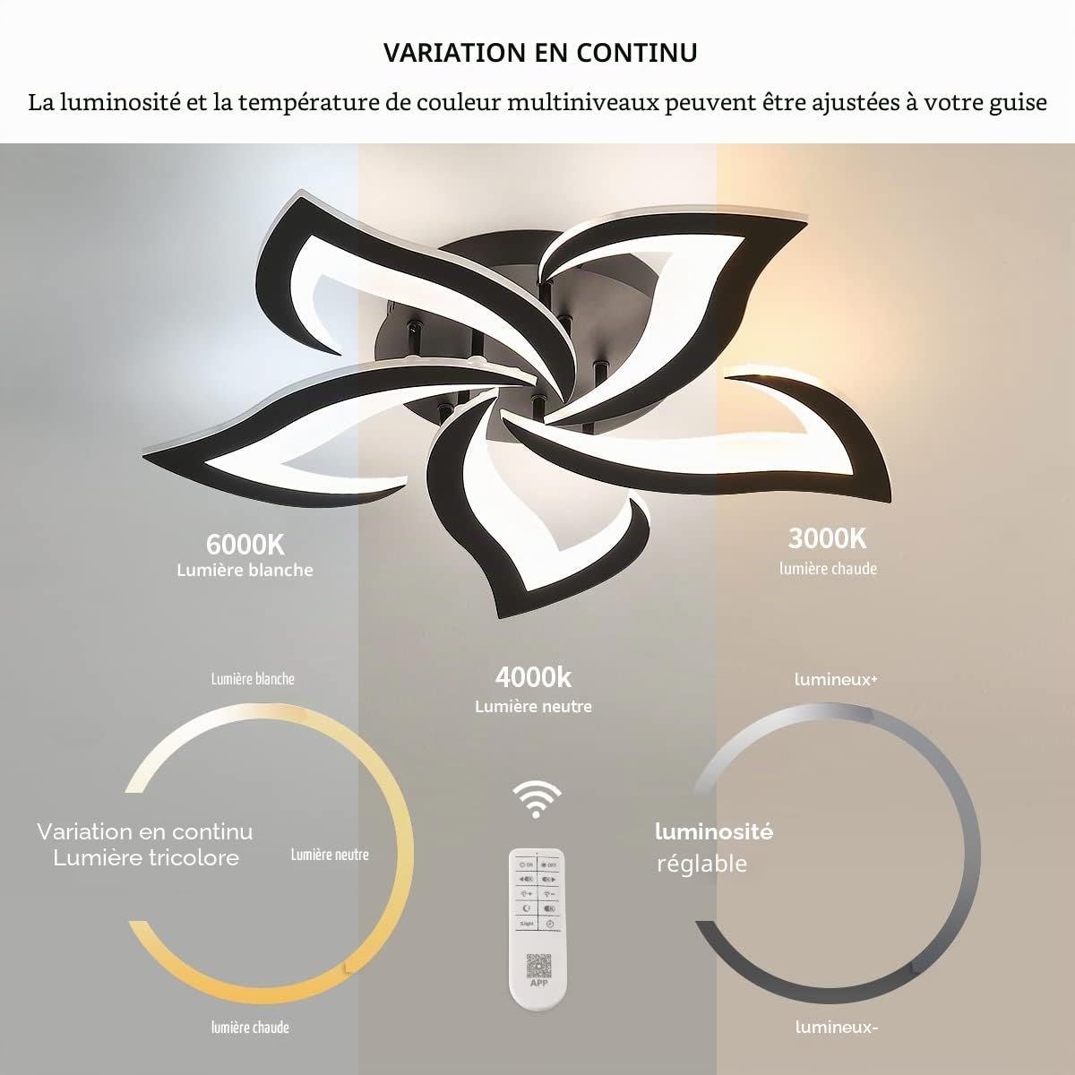 Riserva Plafonnier LED Dimmable, 40W 3000K-6500K Lampe de Plafond avec Télécommande, Créatif Pétales Design Luminaire Plafonnier Moderne pour Salon, Chambre, Salle à Manger, Φ60cm