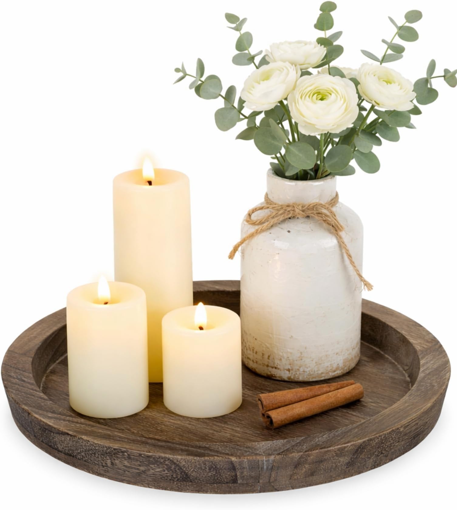 Hanobe Wooden Candle Holder Tray Round Decorative Trays for Coffee Table | Farmhouse Decor, Rustic Candle Plate for Pillar Candle, Paulownia Wood Tray for Table Centrepiece