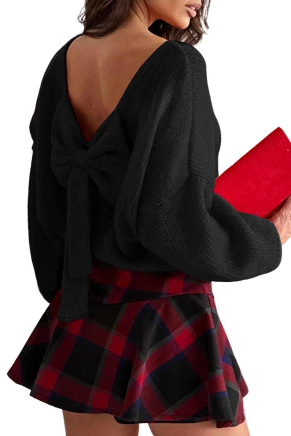 Apvirdy Back Bow Sweater for Women Backless Bubble Sleeve Crew Neck Solid Color Knit Sweater Drop Shoulder Fall