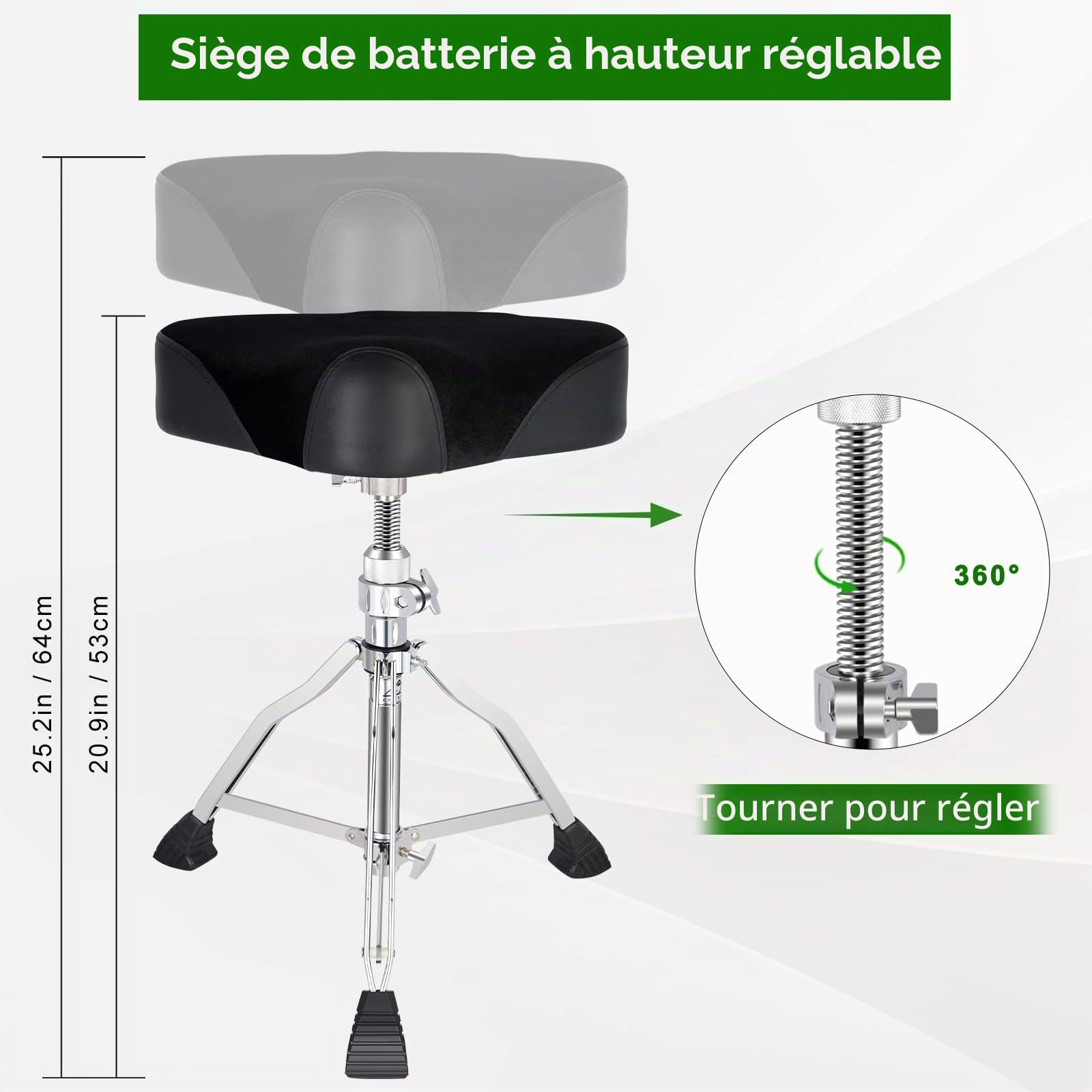 EASTROCK Tambour Throne Siège de tambour réglable en hauteur, tabouret de tambour rembourré rotatif style moto avec pieds antidérapants pour batteurs, adulte