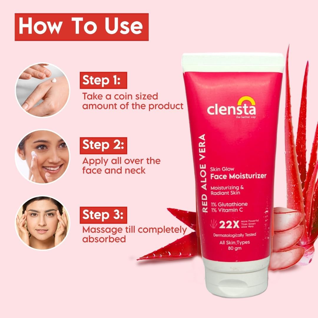 Clensta Red Aloe Vera Skin Glow Face Moisturizer Cream With Red Aloe Vera & Vitamin C, Brightening & Glowing Skin For Men & Women 80 Gm 4