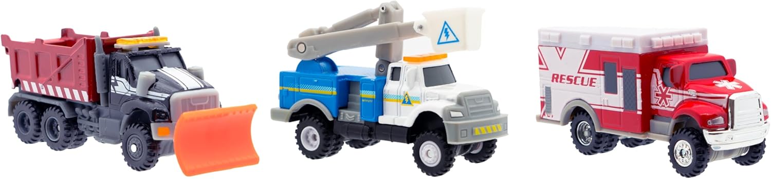 Mighty Fleet Diecast 3-Pack, Snow Shovel, Cherry Picker, and Ambulance, Durable 3” Diecast Vehicles for Kids Ages 3+