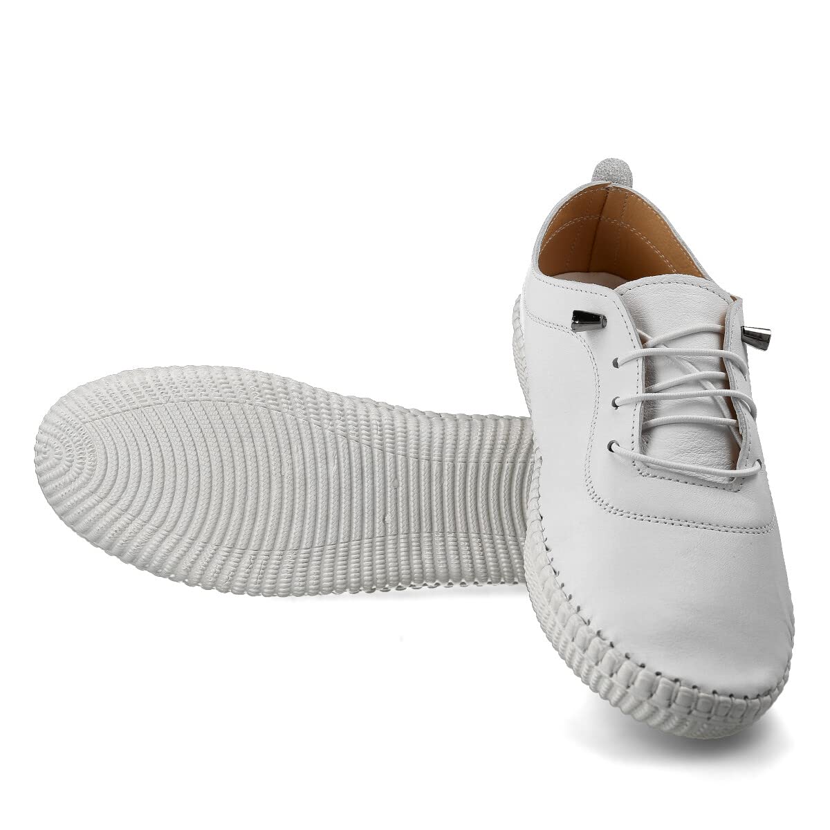 Sneaker Scarpe in Pelle Casual per Donna. Flessibile e Confortevole. Scarpe Sportive Piatte. Lacci Elastiche. Grande comodità. Bianco, Nero, Pelle, Blu Navy, Kaki, Rosso, Beige