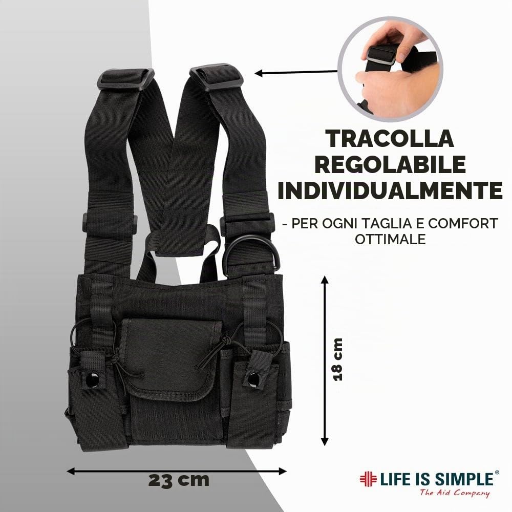 LIFE IS SIMPLE Tasca sul petto per radio con riflettori, pettorina con 4 tasche, adatta come tasca per dispositivi radio o come radio, cintura sul petto, tasca sul petto, dimensioni regolabili