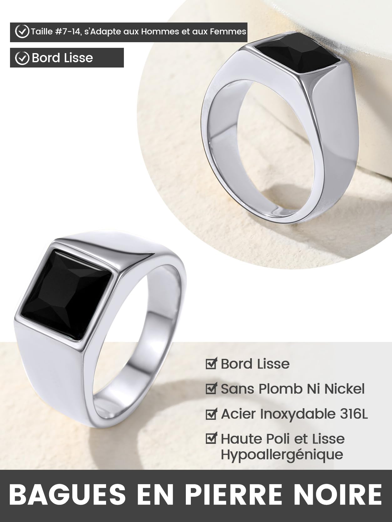 GoldChic JEWELRY Bague Solitaire Homme en Acier Inoxydable/Plaqué Or, Chevalière avec Pierre Bleue/Noire en Cristal, 8 Tailles Disponibles