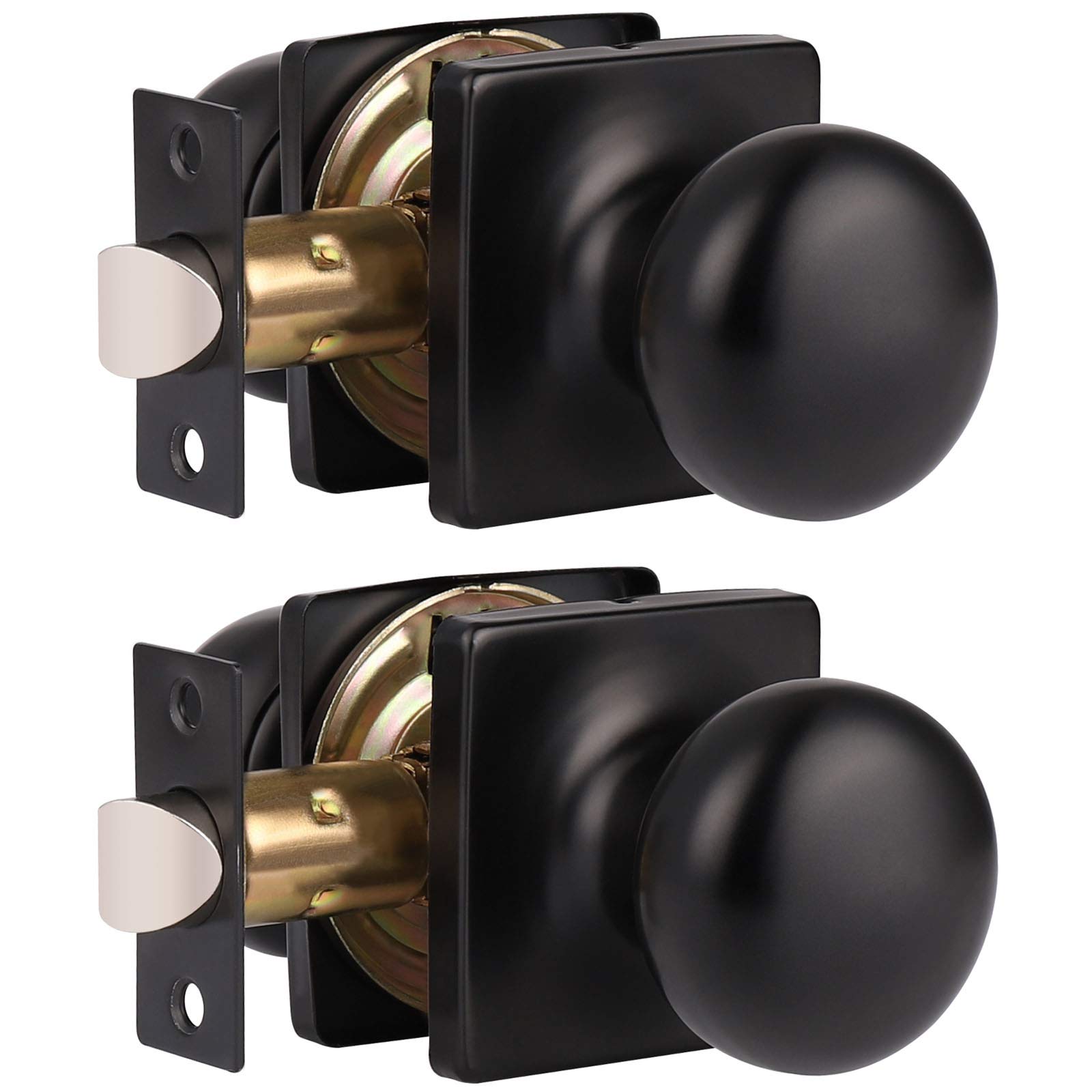 GOBEKOR 2 Pack Passage Door Knobs Matte Black Keyless Interior Door Knob with Lock Square Closet Door Knobs Stainless Steel Passage Round Knob