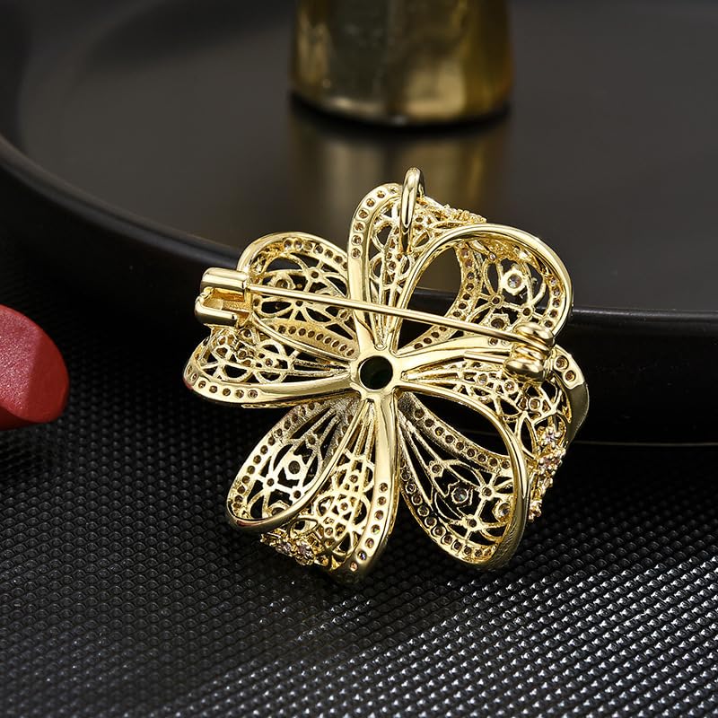 Image of Gold Brooches for Women Ladies Yellow Broach Flower Bow Rhinestone Lapel Pins Blazer Dress Denim Jacket Accessories