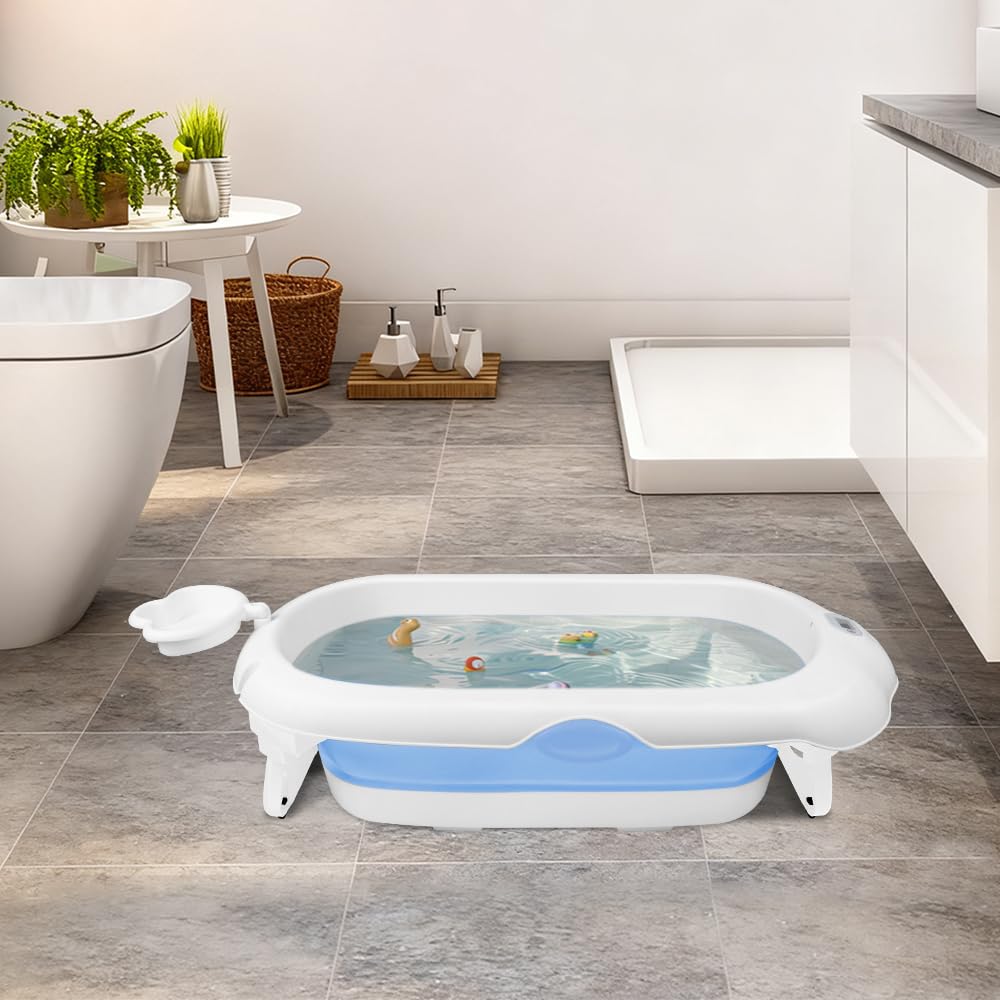 Vasca da bagno pieghevole con cuscino di supporto per il bagno, con cuffia da bagno impermeabile, supporto, termometro, pieghevole compatto e facile da pulire