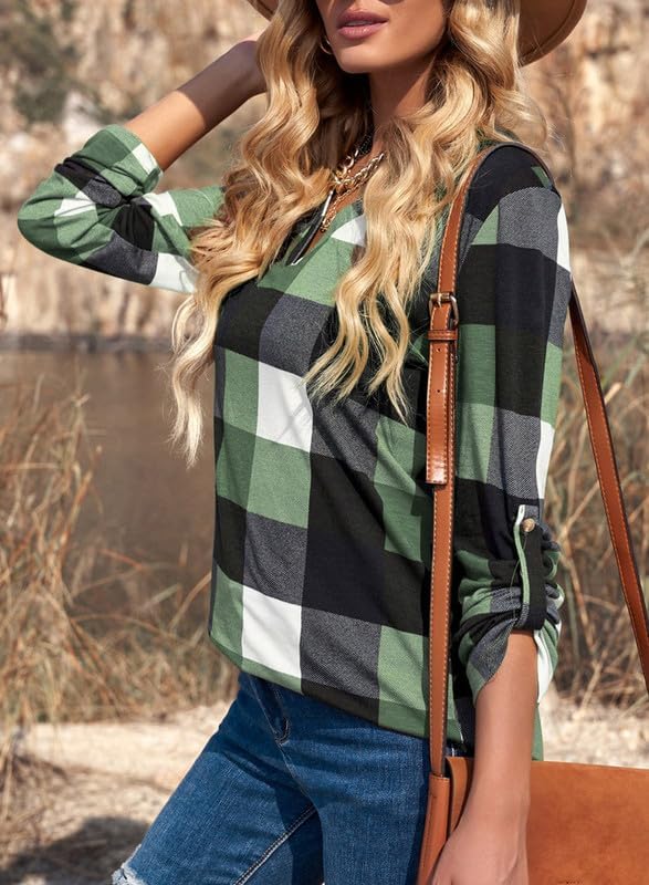 Image of Dokotoo Womens Tops Plaid Cotton Cuffed 3 /4 Sleeve Shirts Blouses
