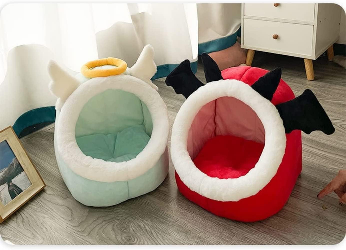 Cat Den Devil Angel-Shaped Cat House Warm Semi-Enclosed Cave Cat and Dog Kennel Detachable Washable Pet Pad Cartoon Cat Nest and Dog House (L,Angel)