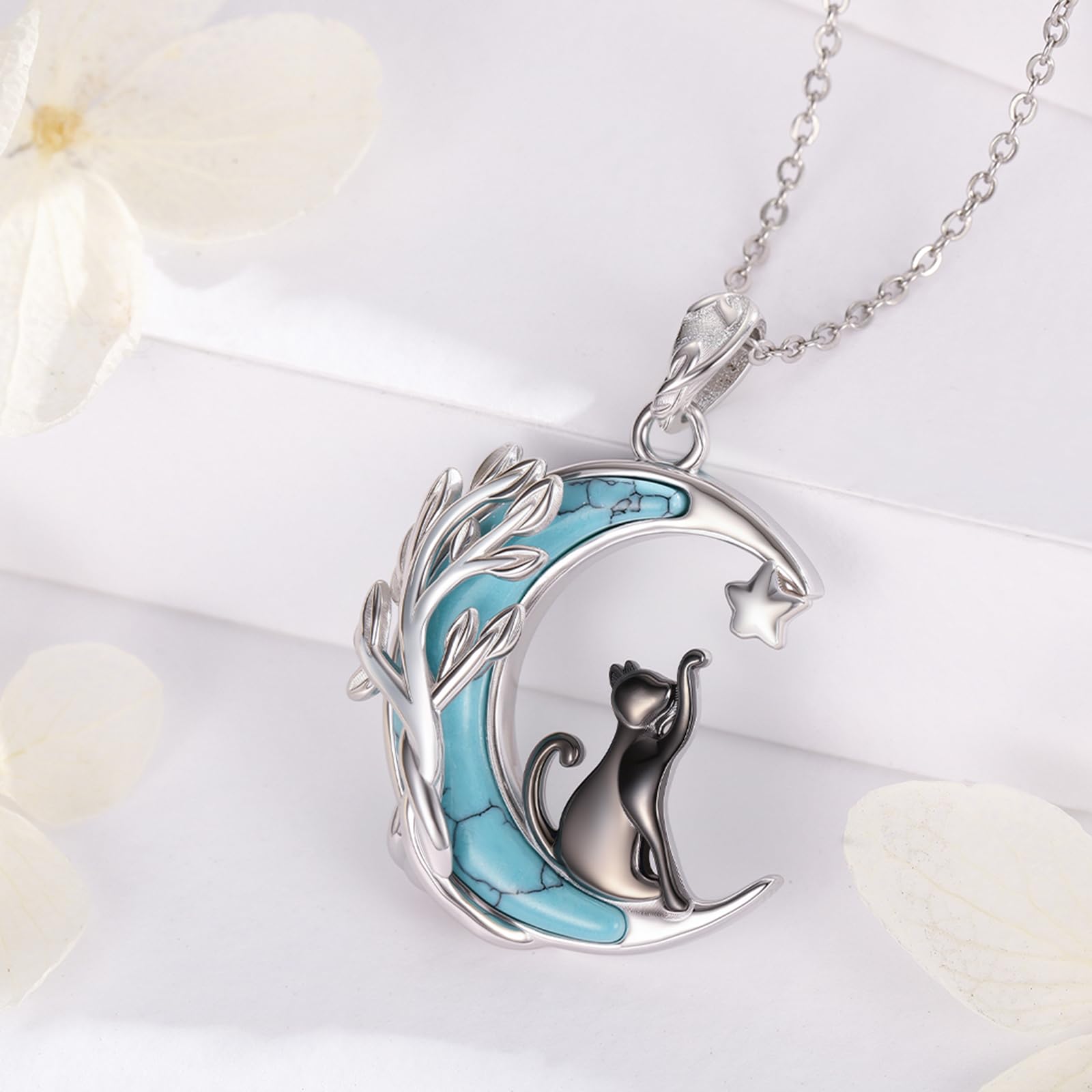 Katzen Halsketten für Damen 925 Sterling Silber Schwarzem Katzen Mondanhänger Katze Anhänger kette für Tierliebhaber Kätzchen Schmuck Geburtstags Geschenke für Mädchen