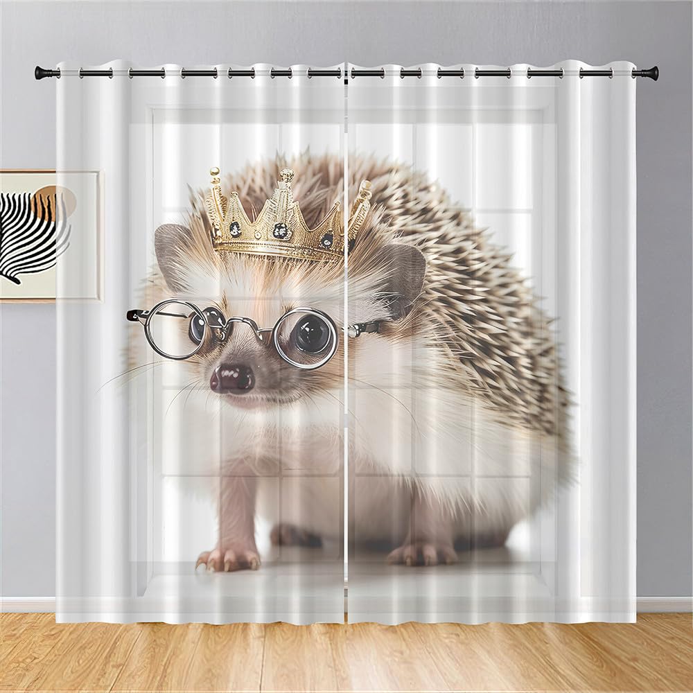 Hiseng Translucent Voile Curtains for Bedroom 2 Panels Sheer Curtains Eyelets Net Window Screen Tulle Door Drapes Hedgehog Printed for Living Room Balcony Home Decorative (Crown,55x95cm)