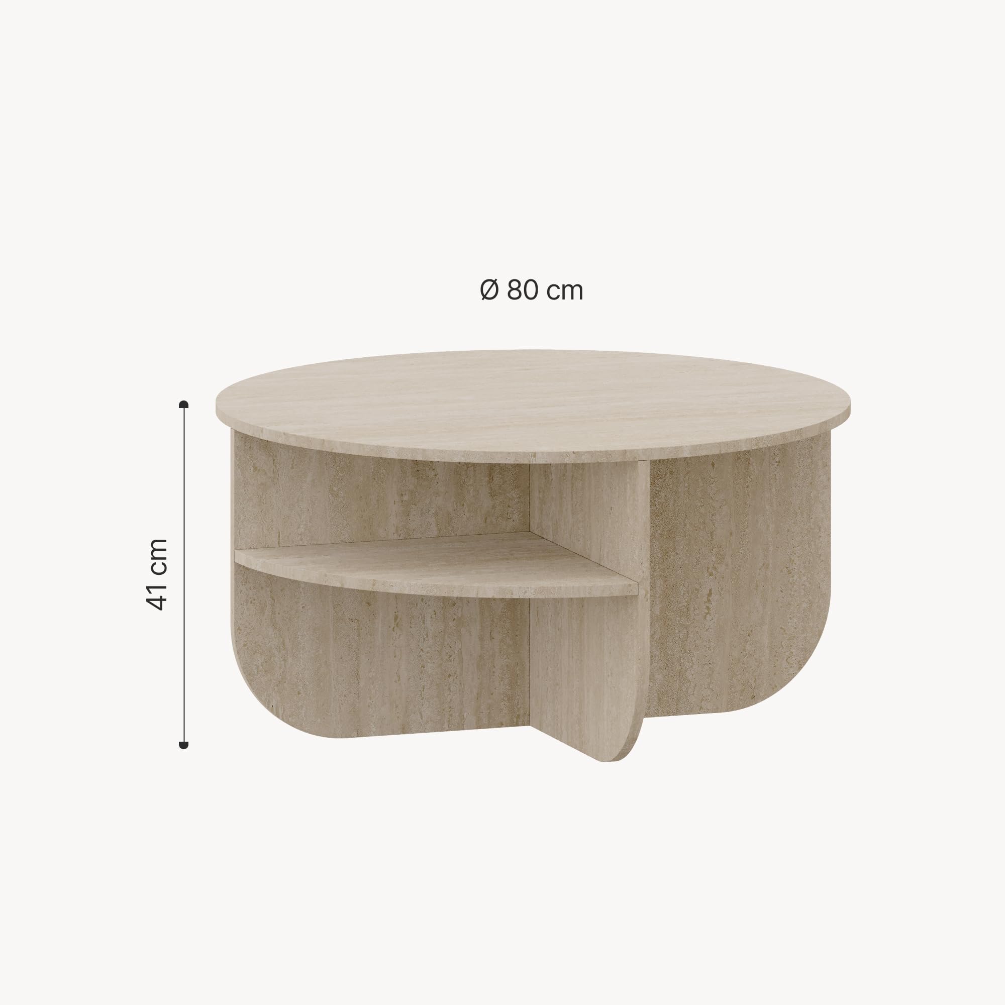 [en.casa] Tavolino Centrale da Salotto Tavolo Basso Rotondo con Ripiano Tavolino da caffè per Soggiorno Area Living Ø80 x 41 cm Color Avorio Travertin