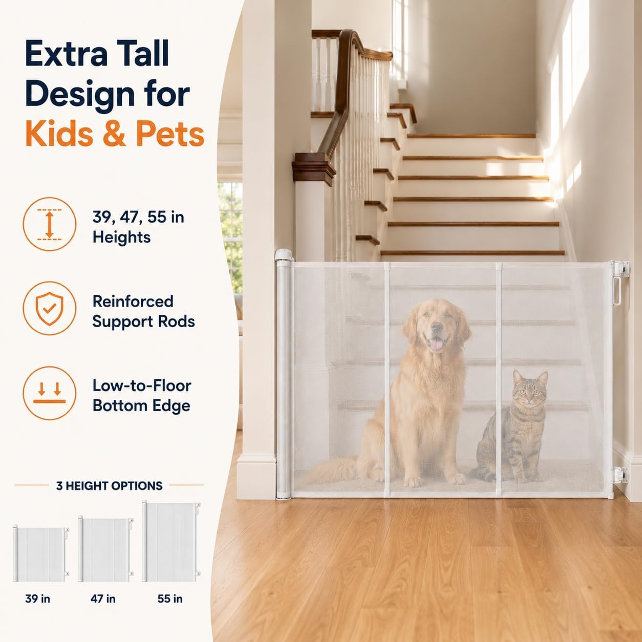 Barrera Retráctil Extra Alta para Mascotas, Ideal para Escaleras Y Puertas - Barrera De Malla Ancha para Perros Y Gatos - Puerta Y Valla para Perros, Apta White 47.24 Tall x 59.06 Wide