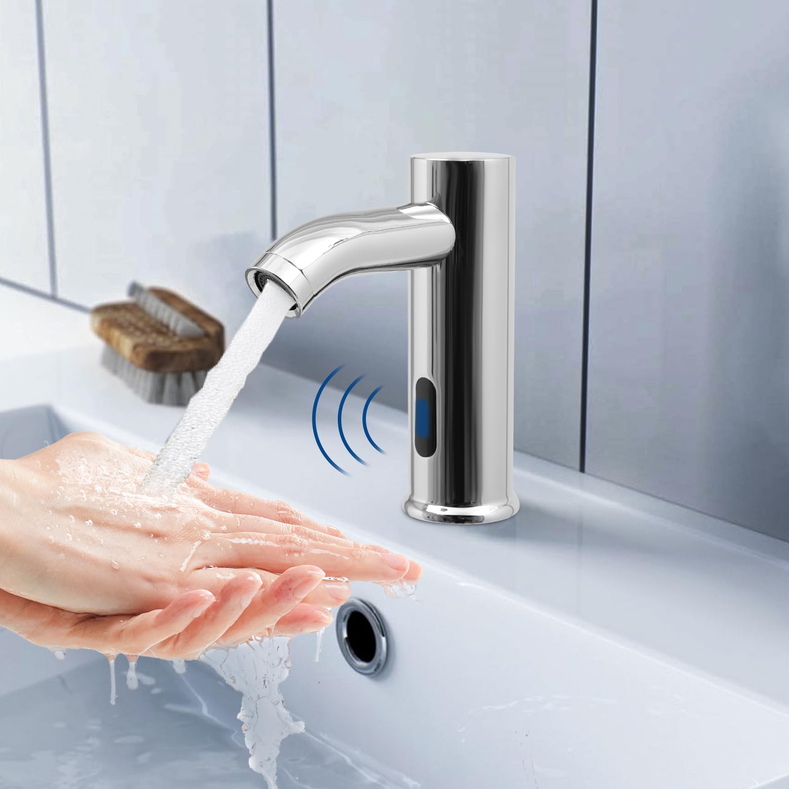 Rubinetto senza contatto,Rubinetto del sensore,Rubinetto automatico lavabo lavabo miscelatore argento,Tubi lunghi,Copertura decorativa,per case, ristoranti, centri commerciali