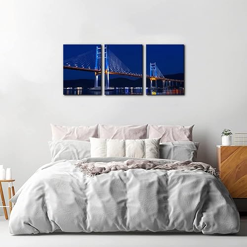 Miniatura 4 de Pacimo 3 piezas de arte de pared en lienzo de paisaje urbano, imágenes impresas en lienzo con luz de neón y vista de puente de puerta dorada,