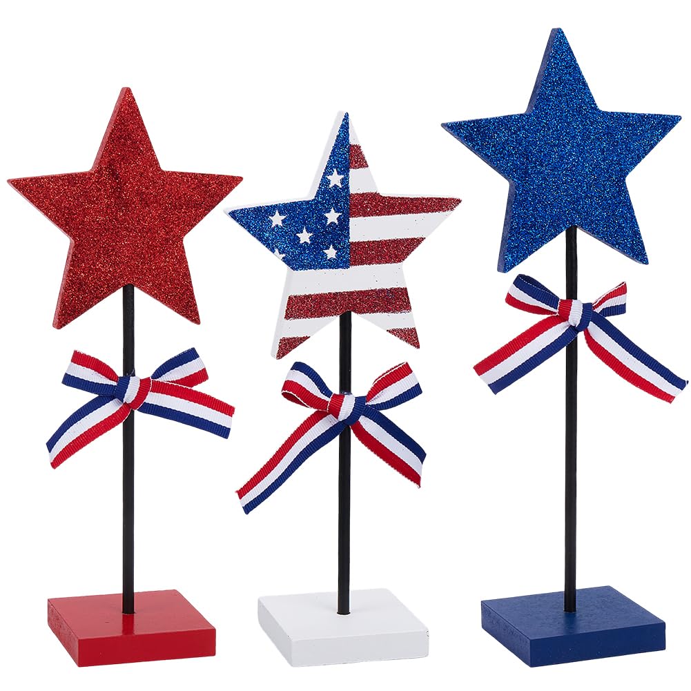 SOFPLATE 3Pcs 4th of July Wood Decor Patriotic Table Centerpieces Independence Standing Wooden Star American Flag Block Tiered Tray Ornaments Sets for American Memorial Festival Home Table Decoration