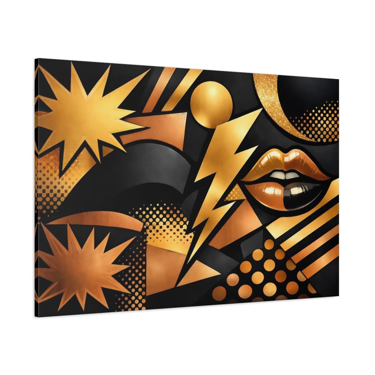 Art Deco Glamorous Abstract Lips Black And Gold Living Room - Canvas Wall Art Print 48×32 inch (120×80 cm) - Horizontal / 1.25 inch (3 cm)
