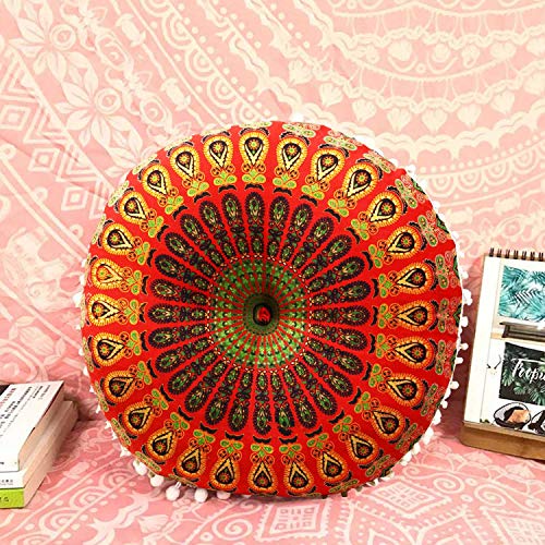 Casa Moro Indisches Yogakissen Mandala Saira Rot & Grün mit Füllung Ø 55cm x Höhe 12cm rund aus Baumwolle…
