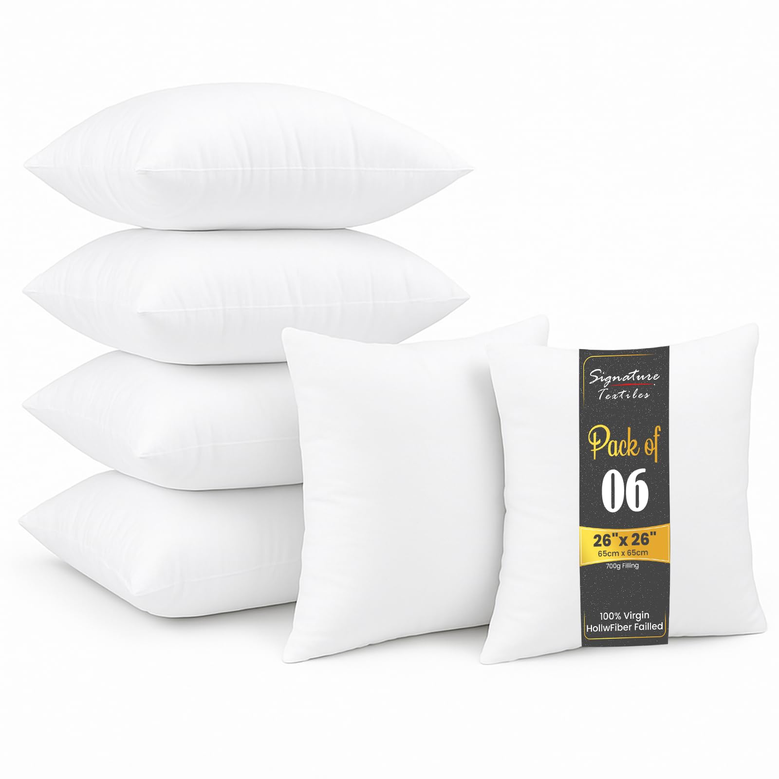 White Signature Textiles® Cushion Inserts Hypoallergenic Fluffy Cushion Inner Perfect Hollowfibre For Sofa Cushion Pads 26"X26" Pack Of 6