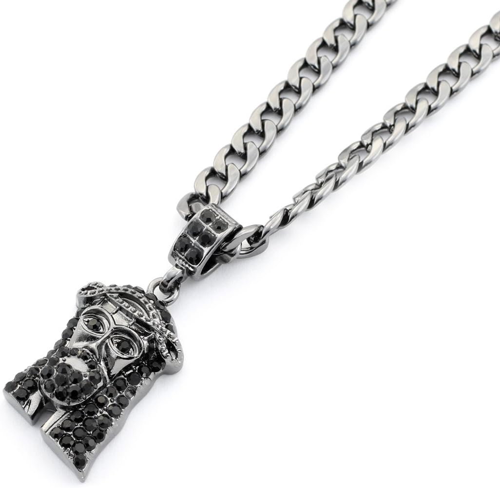Bling Hip Hop Black Rhodium plated Jesus face pendant with a Cuban chain