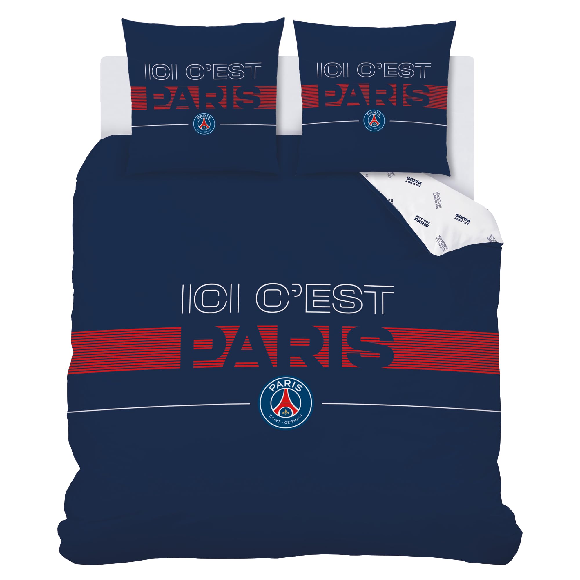 OMYDREAM PSG Devise Parure de lit | 100% Coton | Oeko-TEX | Housse de Couette 240x220cm + 2 Taies d'oreiller 63x63cm | Imprimé Garçon | Bleu