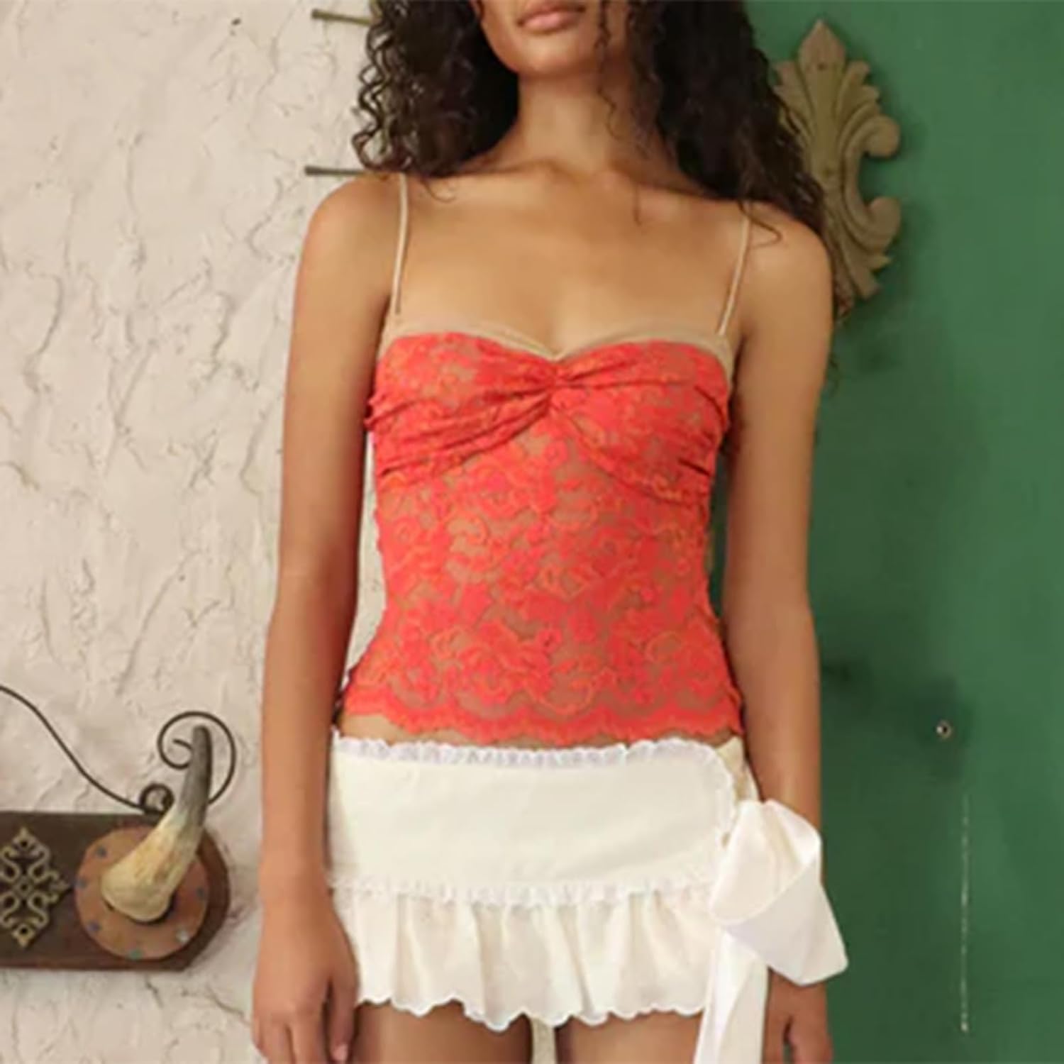 Women Lace Mesh Crop Tank Tops Sleeveless Patchwork Strappy Going Out Tops Camisole Y2k Slim Fit Cami Shirts - Image 3