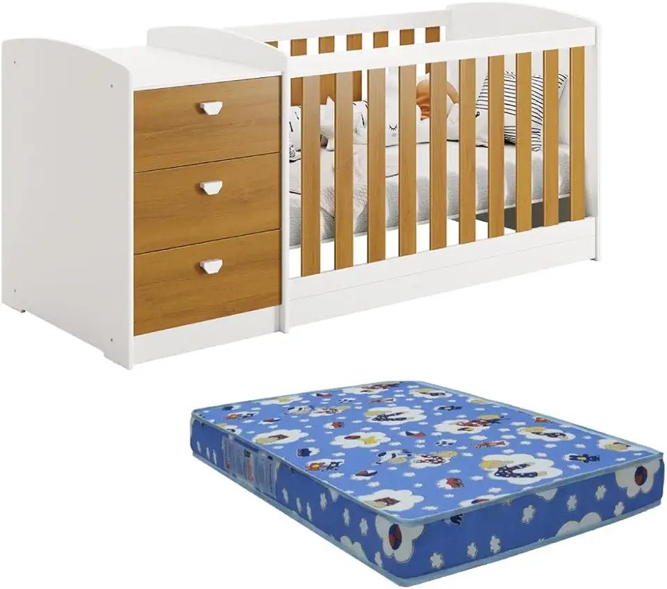 Berço Americano Multifuncional Atlanta com Cômoda 3 Gavetas Branco Fosco/Savana com Colchão - Reller
