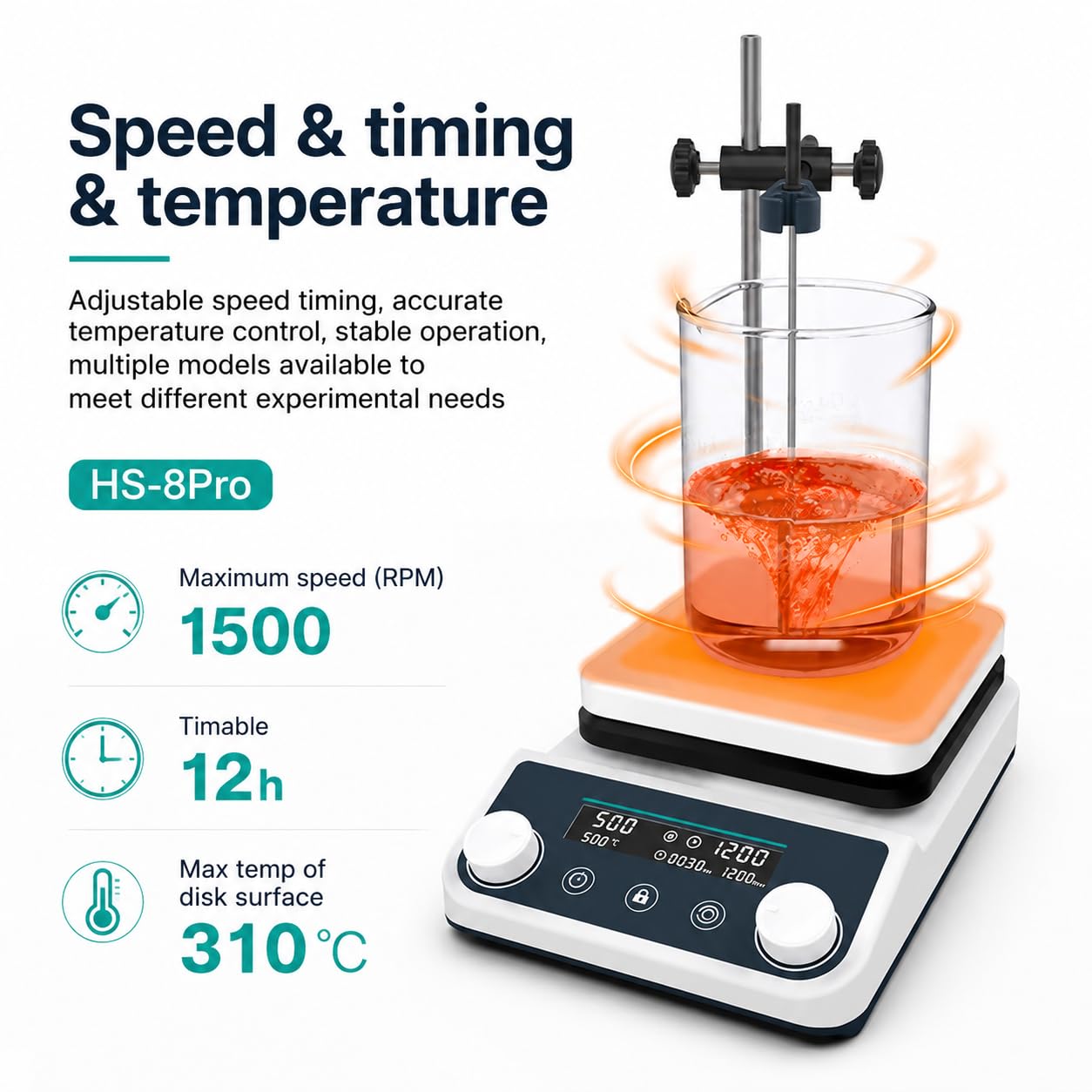 Placa Calefactora Con Agitador Magnético De 5 L,Velocidad De 50 a 1500 Rpm,Temperatura Máxima De 310 °c (590 °f), Temporizador De 1 Min a 12 H,Con Barra De Agitación,Sonda De Temperatura Y Soporte