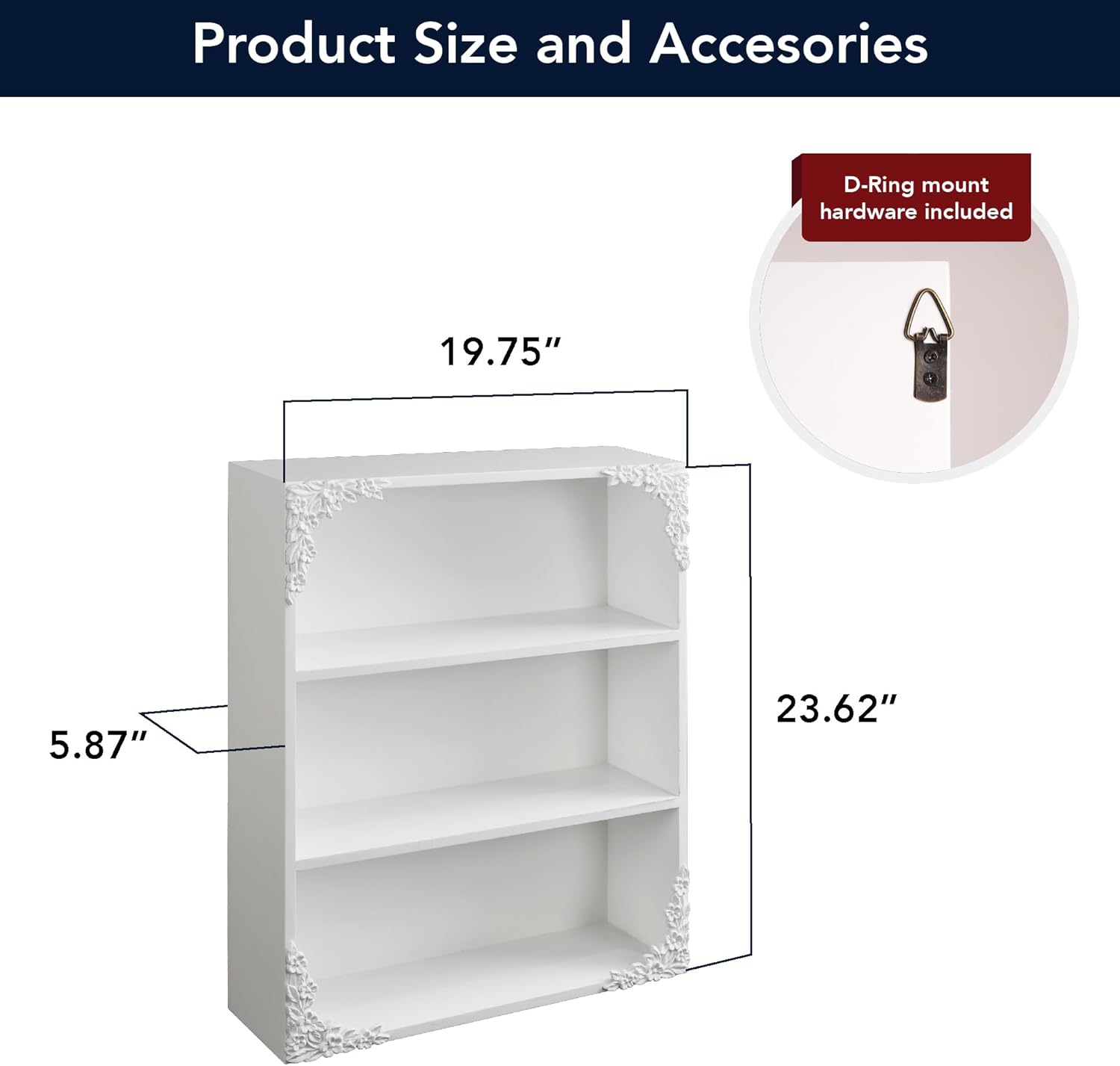 American Art Decor 3 Tier Wall Mounted Shelf Bookcase, White Vintage Ornate Floral Trim Book Organizer – Decorative Bookshelf for Bathroom, Kids Rooms, Living Room, Nursery Storage & Display