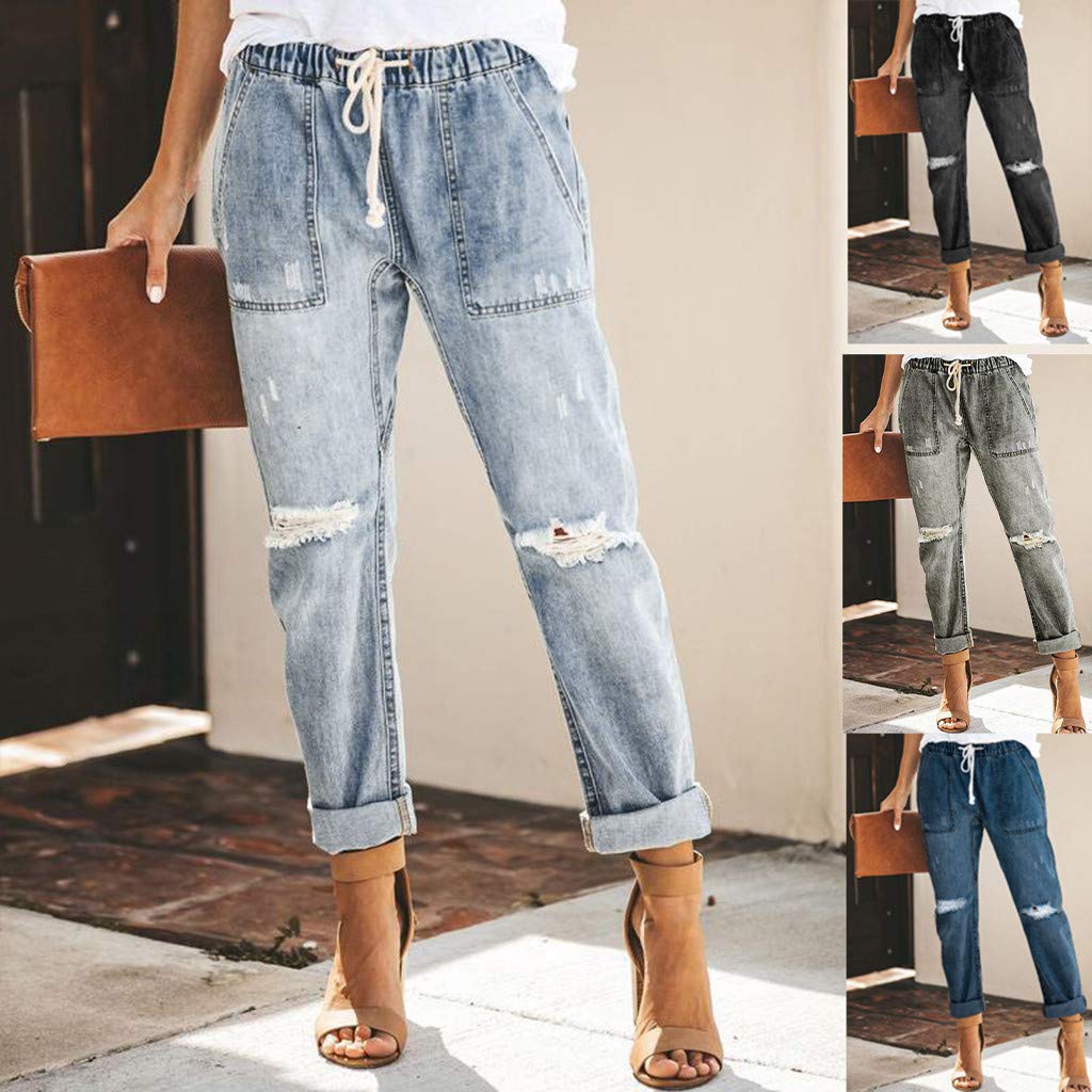 Jeans da donna strappati boyfriend elasticizzati con coulisse pull on comodi pantaloni da jogging in denim premaman classici lavati invecchiati Destoryed Denim Pantaloni casual arrotolabili in carta
